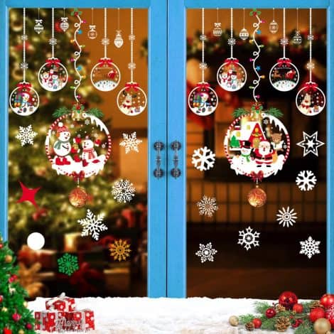 Decorazioni Natalizie per Finestre, Adesivi Riutilizzabili con Babbo Natale, Pupazzo di Neve e Fiocco di Neve.