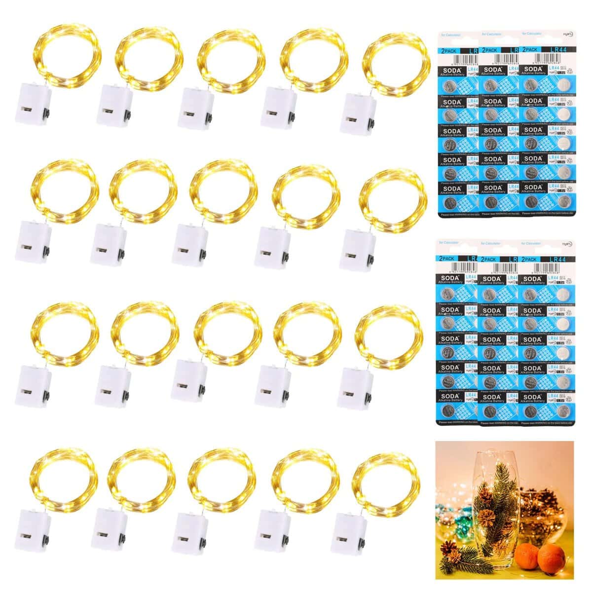 20 Pezzi Luci Stringa con 120 Batterie, 2M 20 LED 3 Modalità Lucine Led a Batteria Filo Di Rame, Catena Luminosa Impermeabile Decorative Natale per Esterni e Interni Feste Matrimonio(Bianco Caldo)