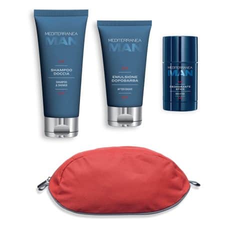 Pensieri Maschili – Kit Regalo Mediterranea per Lui: Shampoo, Deodorante, Dopobarba e trousse uomo omaggio.