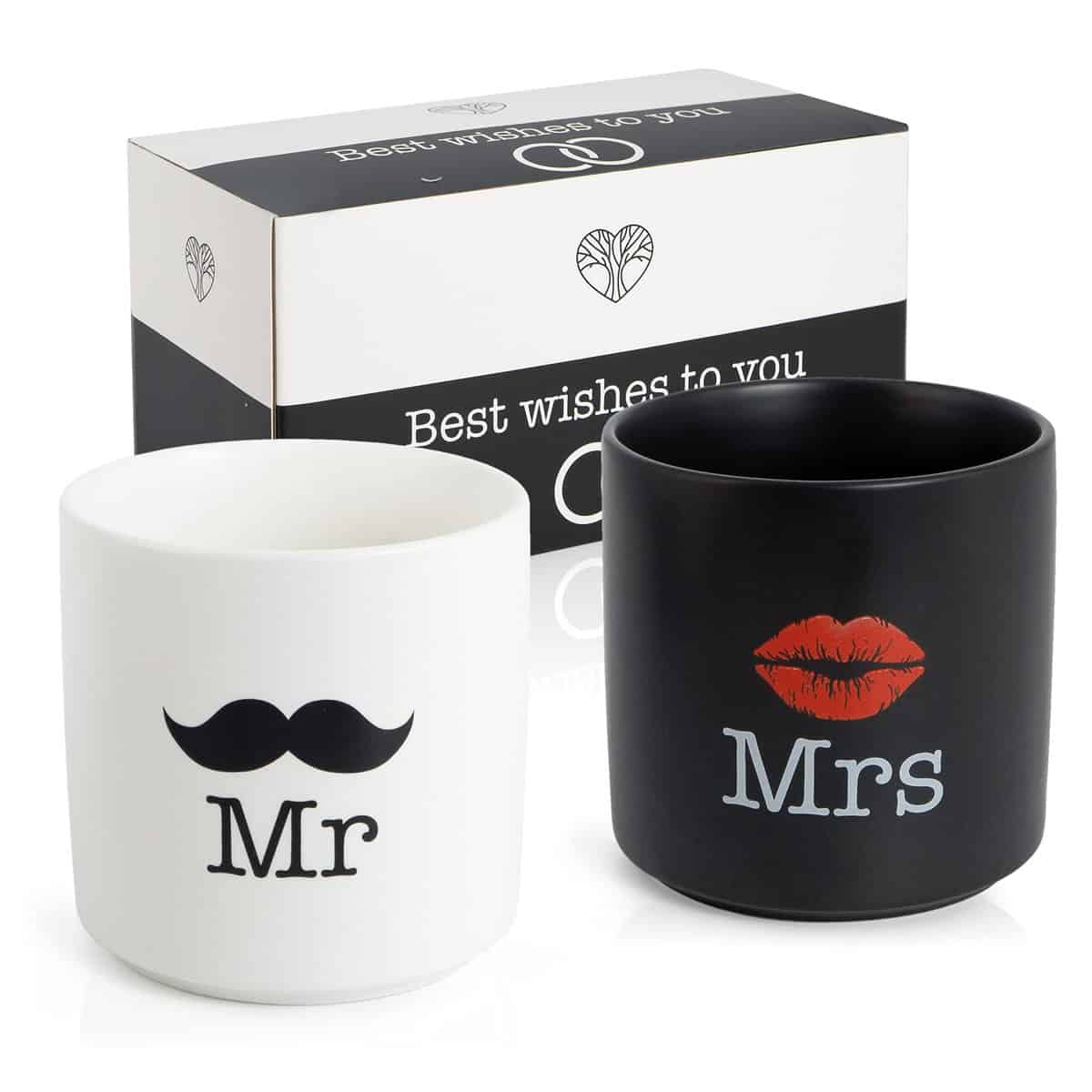 WeddingTree Set di 2 tazze Mr e Mrs - Tazze per partner - Tazza Mr e Mrs per coppie per matrimoni fidanzamenti nozze - Regalo di nozze moderno - Regali Mr e Mrs