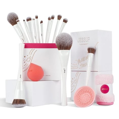 Set di 14 pennelli trucco Jessup: perfetto come regalo per donna, include pennelli per occhi, ombretto, polvere, correttore, fondotinta e spugna detergente, con un asciugamano bianco perla T333.
