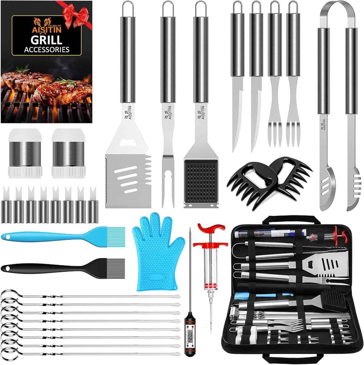 AISITIN Set Barbecue 35 Pezzi Accessori Barbecue Kit BBQ Acciaio Inossidabile Strumenti per Uomo e Donna Feste All'aperto Professionale Attrezzi Barbecue- regali per papà