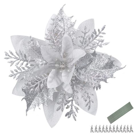 12 pezzi di stelle di Natale artificiali da 5,5 pollici con clip e steli scintillanti. Perfette per alberi, ghirlande e decorazioni festive.