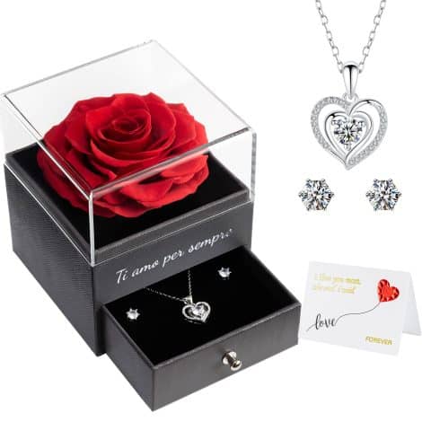 Rosa Stabilizzata con Collana, Regalo Eterno per San Valentino, Natale, Anniversario, Festa della Mamma.