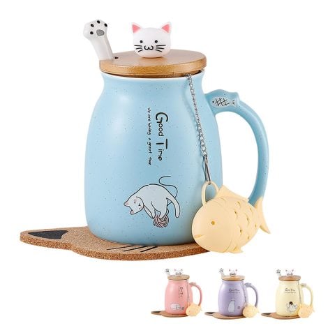 Tazza di ceramica con gattino adorabile, coperchio e cucchiaio in acciaio inossidabile – regalo perfetto per Natale!