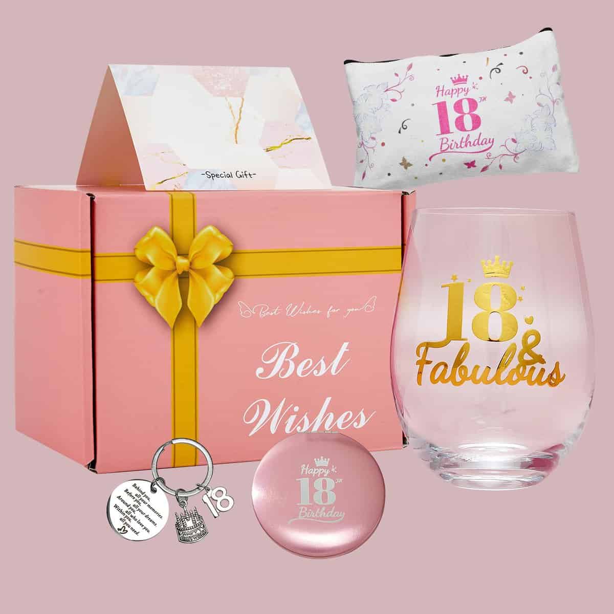JOONYOEE Set regalo per il 18° compleanno per ragazze e donne, set regalo personalizzato con calici da vino senza stelo, idea regalo per ragazze di 18 anni, sorella, figlia, signore, amiche,