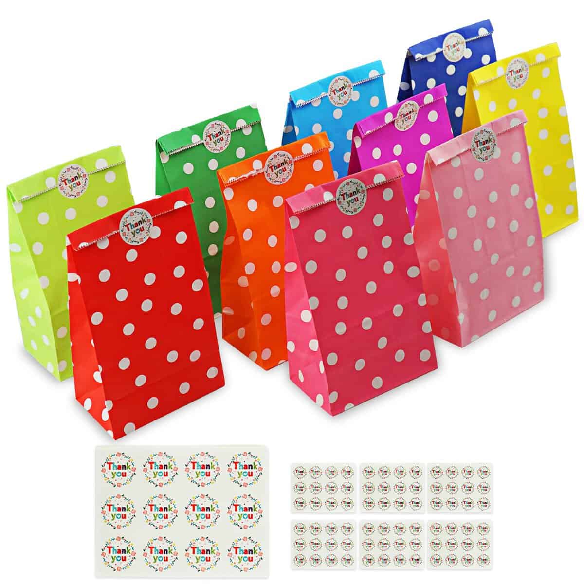 Gvolatee 50 Pezzi sacchetti regalo compleanno bambini con 84 Adesivi, sacchetto caramelle a Pois Colorati, bustine borsa regalo per Dolci e Confezioni, per Compleanni, Matrimoni, Feste, Halloween