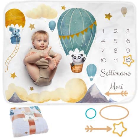 Coperta per neonato con tema mongolfiera, regalo personalizzato per neomamme, unisex. Include cornici.