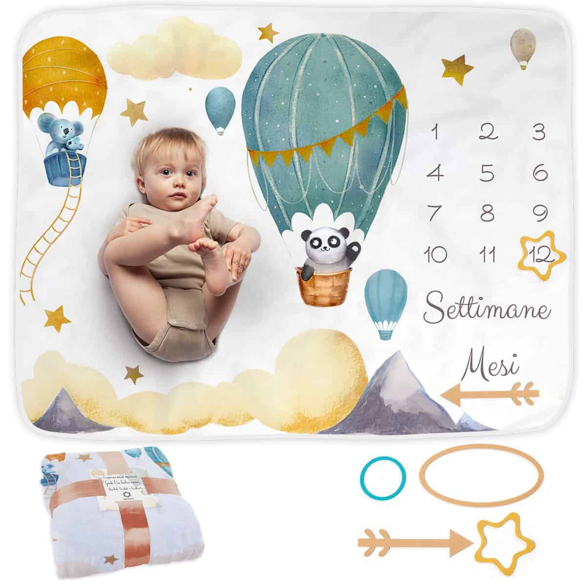 Coperta Neonato In Italiano | Tappeto Per Maschio O Femmina, Unisex | Tema Mongolfiera | Regalo Baby Shower Personalizzato Per Neomamme | Copertina | Incluse Cornici