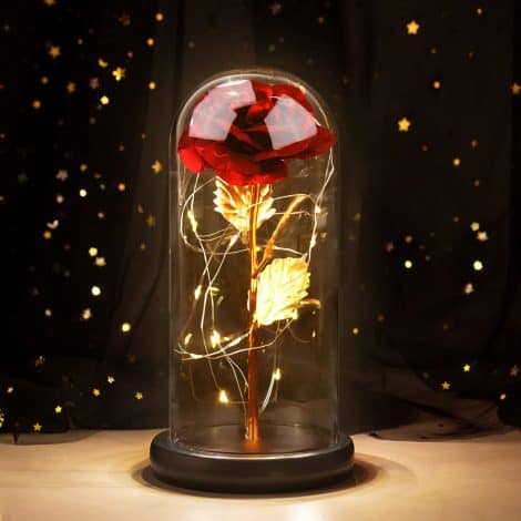Ciondolo Rosa Eterna Rossa, Ispirato a Bella e la Bestia, con Luce a Led, Regalo per Lei.