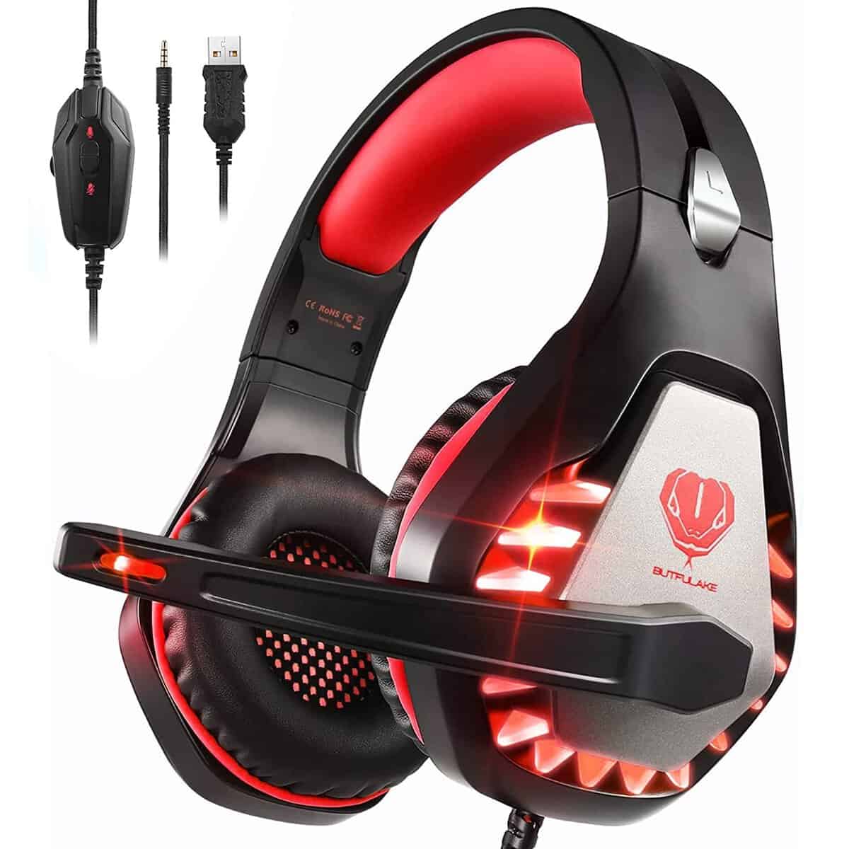 Pacrate Cuffie da gioco per PC, PS4, Xbox One, Mac, computer portatile con microfono a riduzione del rumore con auricolare con luce LED per bambini, uomini, donne
