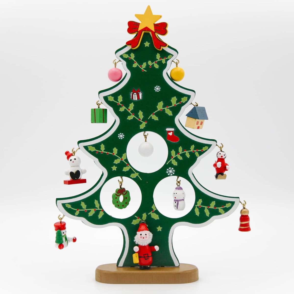 Mini Albero di Natale in Legno con 12 Differenti Decorazioni Natalizie - Addobbi Natalizi – Idea Regalo per Casa, Studio, Ufficio, Negozio – 22x16cm