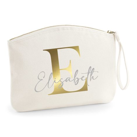 Trousse personalizzata per cosmetici, ideale per ragazze e donne, con iniziale e nome stampati. (beige) M (19 x 17 cm)