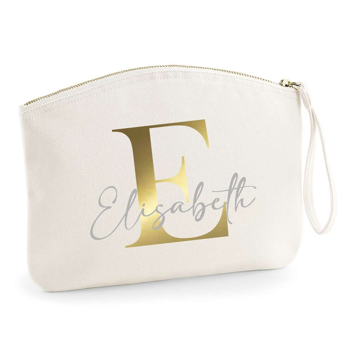 minimutz Trousse per trucchi per ragazze con nome, motivo lettera iniziale, con stampa del nome, borsa per cosmetici personalizzata, per ragazze e donne (beige) M (19 x 17 cm)