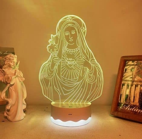 Lampada 3D Maria Vergine, luce notturna ologramma con telecomando e timer. Perfetto regalo di compleanno per religiosi.