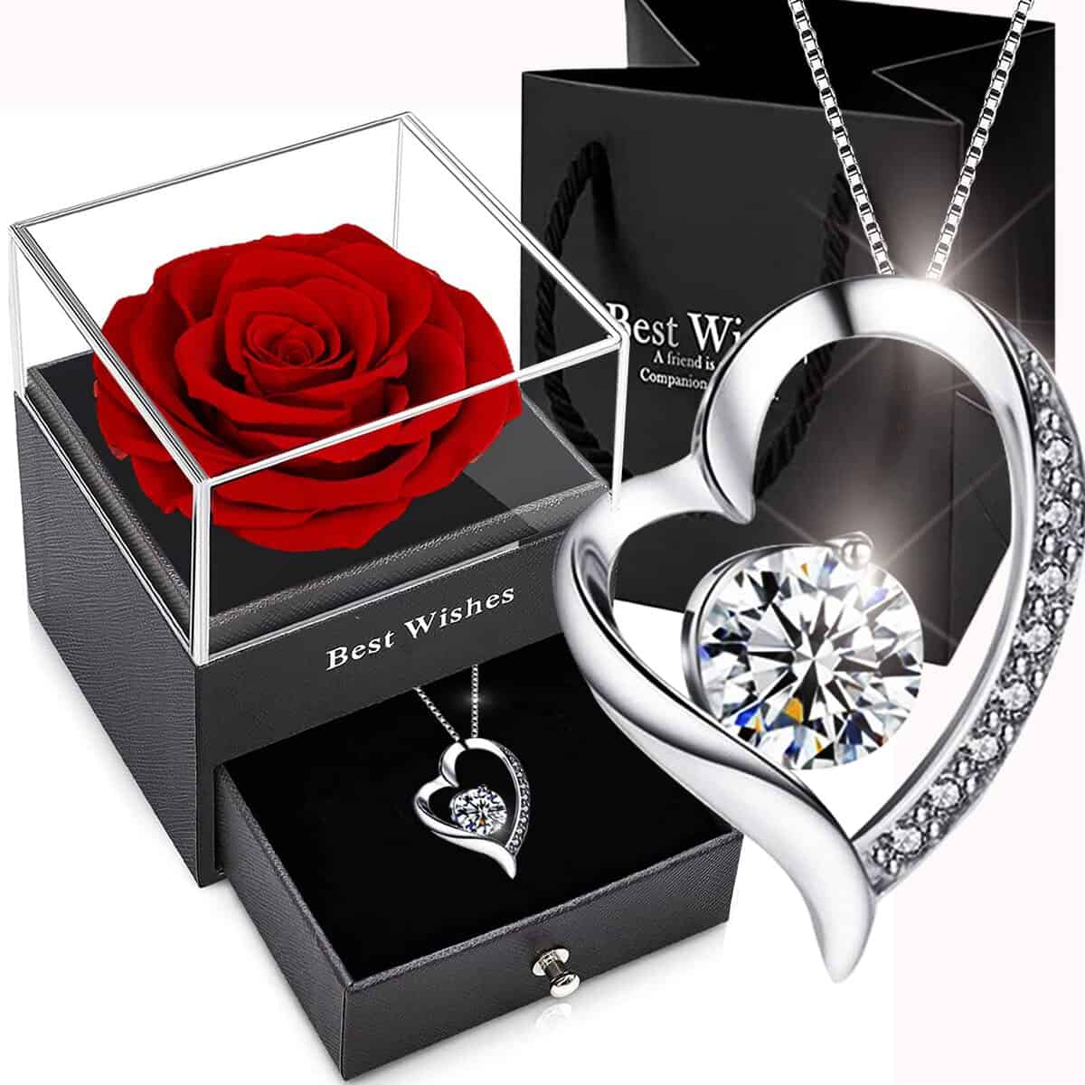Rosa Stabilizzata,Romantico Rosa Eterna,Red Fiori Jewelry Box Con Collana, Rose Scatola Vera Con Gioielleria Pacco Regalo per Natale,Ringraziamento, Mamma,San Valentino,Regalo Anniversario per Lei