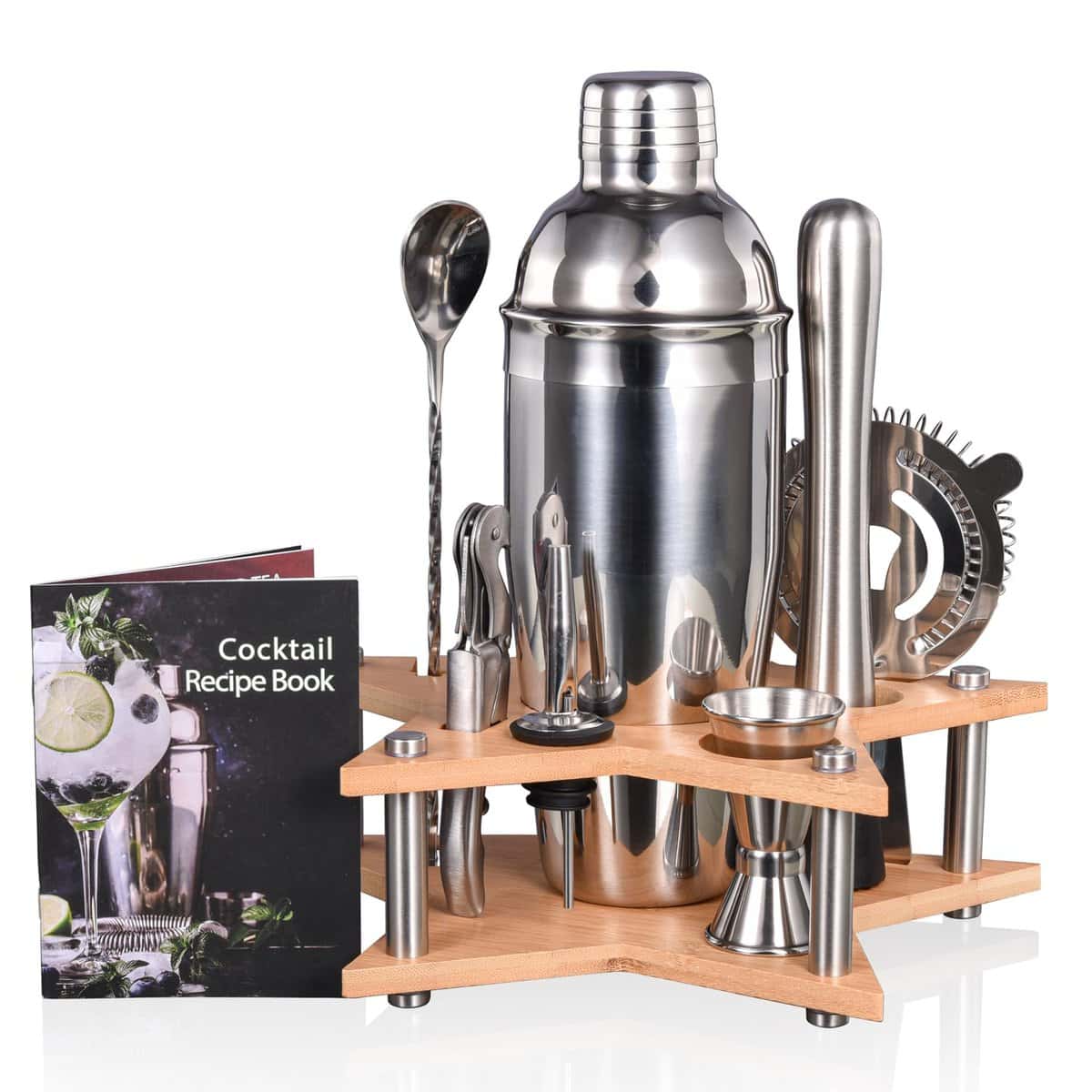 Quilamix Set di 12 shaker da cocktail in acciaio inox, 750 ml, con supporto in bambù per bevande miste, regalo per amici, uomini, donne, con ricettario