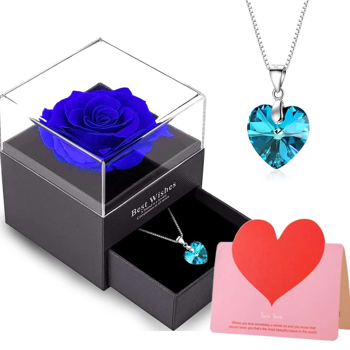 Rosa Eterna, Rosa Eterna con Collana, Rosa Eterna Confezione Regalo, Rosa Eterna Vera con ciondolo zaffiro blu argento 925 donna,San Valentino Festa Della Mamma Anniversario Matrimonio per Lei