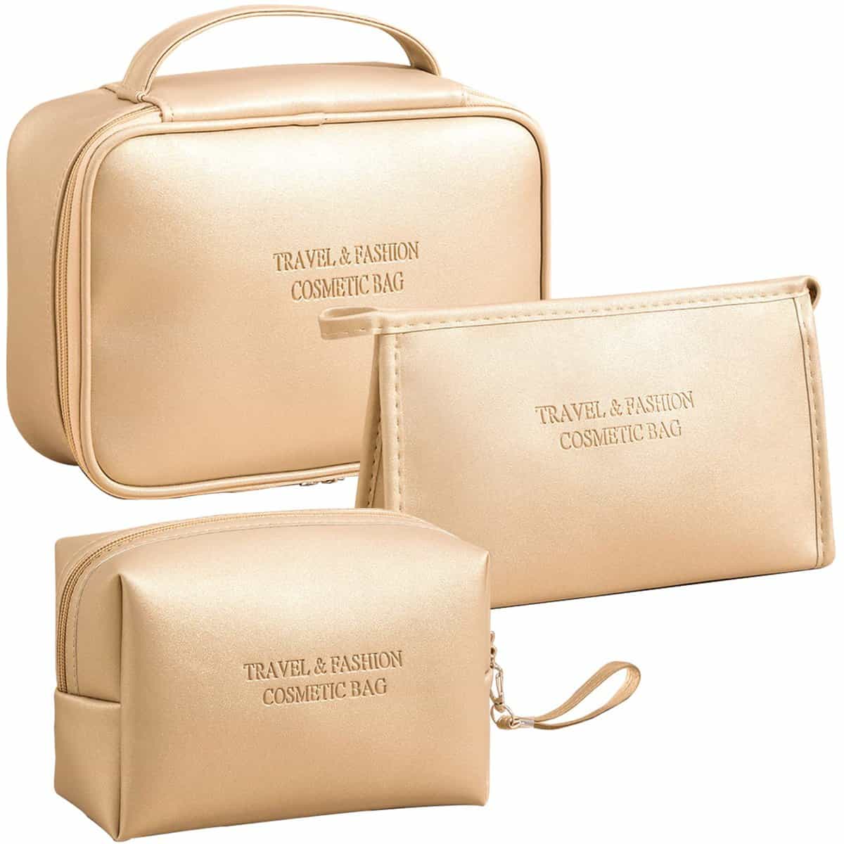 LEcylankEr 3 Pezzi Beauty Case da Viaggio Donne, Porta Cosmetici Portatile, Borsa da Toilette in PU, Set per il Trucco Impermeabile e Resistente (Colore Dorato)