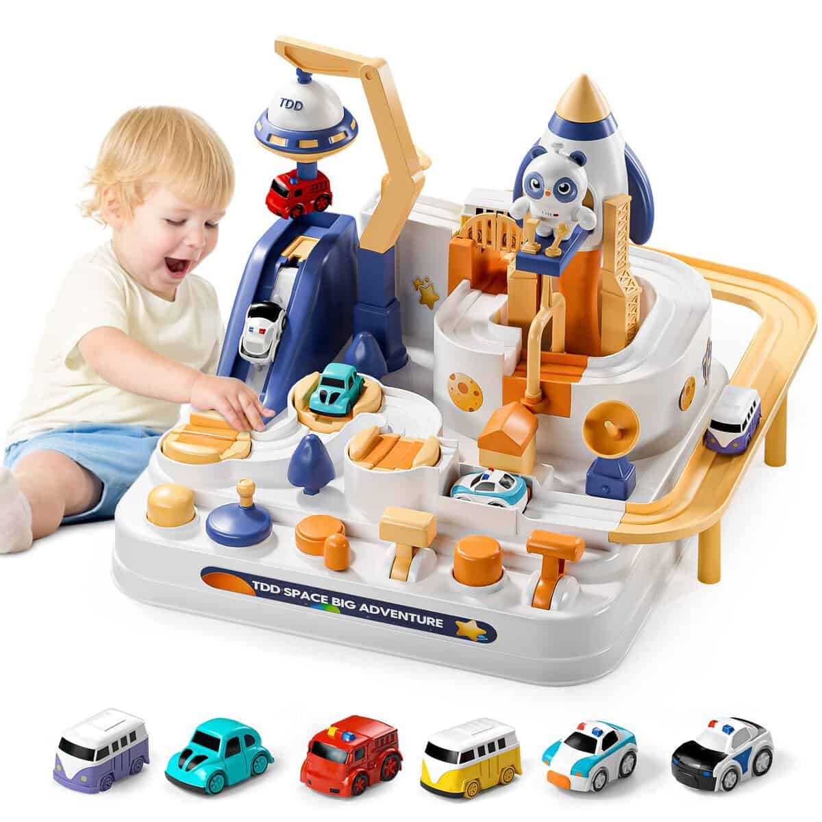 Anby families Pista Macchinine Bambini 3 Anni,Giocattoli da Corsa con 6 Autos,Gioco di Avventura,Regalo Educativo per Ragazzi