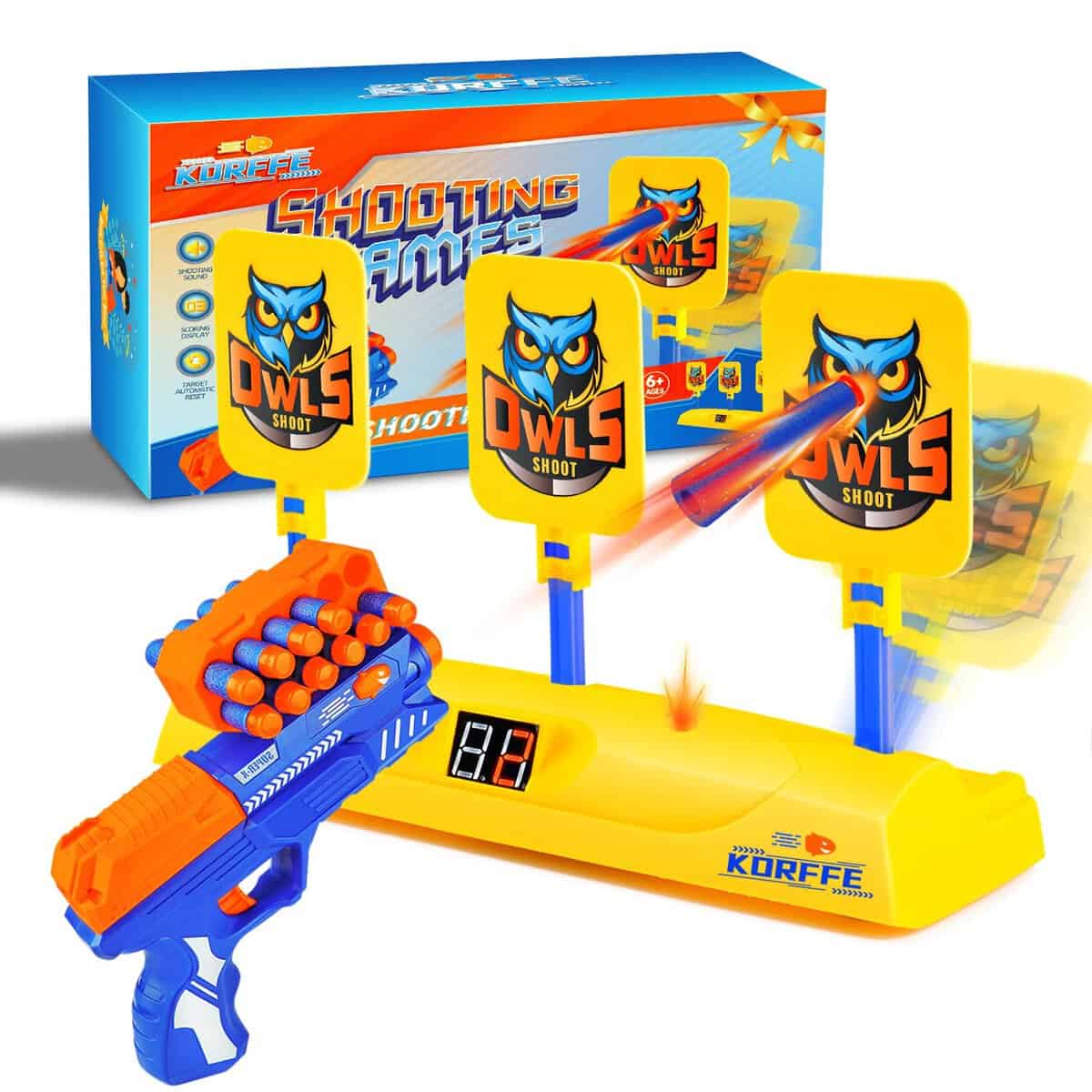 Korffe Bersaglio Elettrico con Ripristino Automatico e Pistola Giocattolo, Giochi di Sparo per Ragazzi di 5, 6, 7, 8+ Anni, Regali di Natale per Ragazzi di 6-12 Anni