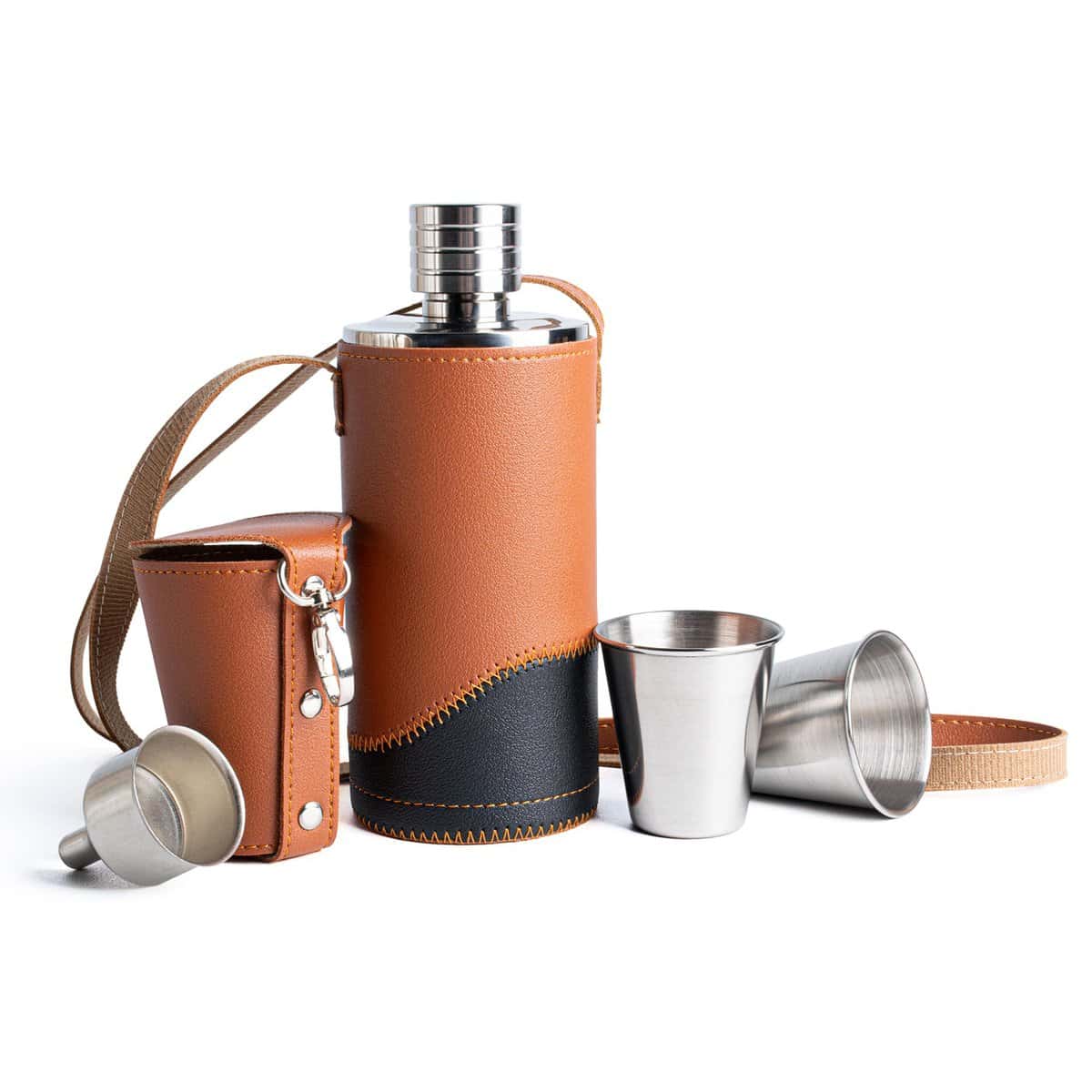 PDYCESS Fiaschetta in Pelle PU 500ml Fiaschetta in Acciaio Inox con Imbuto e Tazze Portatile Fiaschetta per Liquori Regalo per Uomini Campeggio Arrampicata Pesca