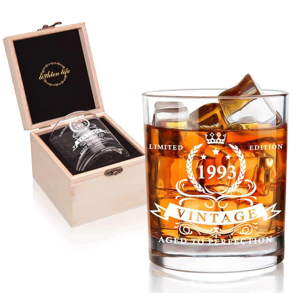 LIGHTEN LIFE 30 regali di compleanno per uomini 360ml,1993 bicchiere da whisky in scatola di legno pregiata,bicchiere da whisky per 30 anni di papà,marito,amico