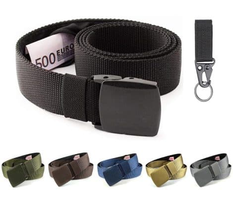 Cintura antifurto nera con tasca segreta per soldi, perfetta per viaggiare in sicurezza.