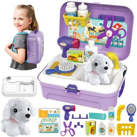 Kit Veterinario per Bambini con Valigetta, Peluche Cane e Giochi di Imitazione per Animali. Per Bambini di 3-5 anni.