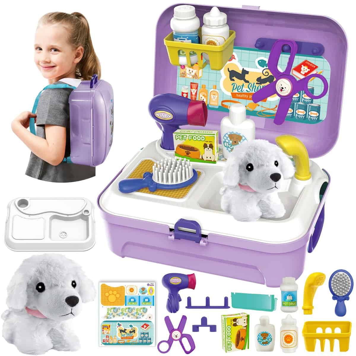 HERSITY Kit Veterinario Bambini Giocattolo Valigetta Dottore con Peluche Cane Giochi di Imitazione Salone di Bellezza per Animali per Bambino Ragazze Ragazzi 3 4 5 Anni