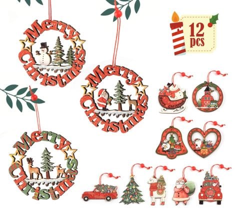12 pezzi di ornamenti natalizi in legno, colorati e fai da te, per addobbare l’albero di Natale.