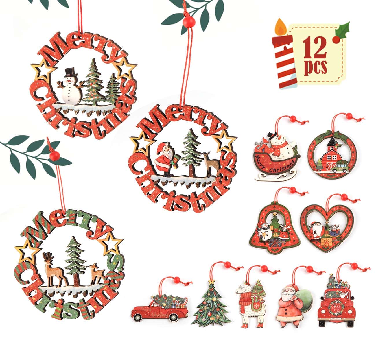 ABSOFINE Decorazioni Natalizie in Legno Albero di Natale Appeso Ornamento Fai da Te Colorato Artigianale in Legno Decorazione Appesa Addobbi, 12 Pezzi