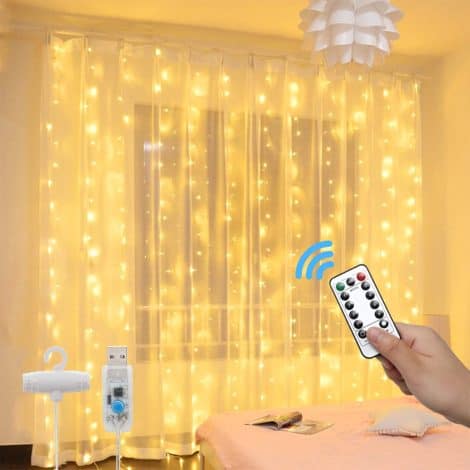 Tenda di luci 3x3m impermeabile con telecomando, 300 LED bianco caldo. Alimentata via USB, ideale per Natale.