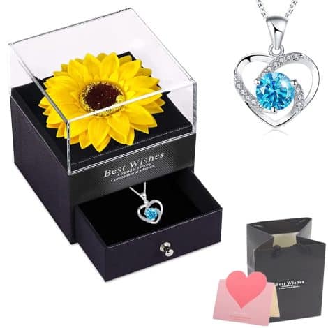 Scatola Regalo Artigianale con Girasoli Preservati e Collana, Ideale per San Valentino, Festa della Mamma o Compleanni Femminili.