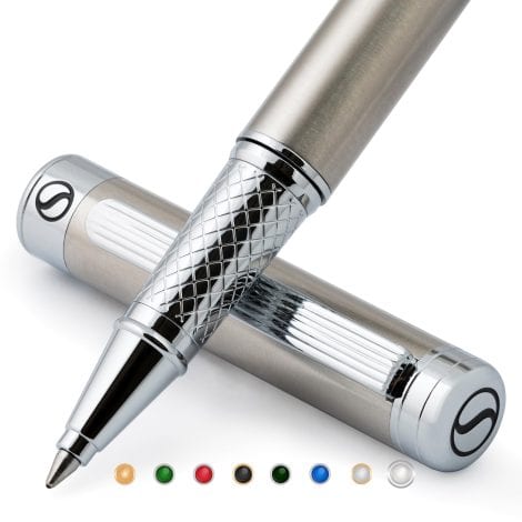Penna Roller Scriveiner in Acciaio Inox – Lussuosa penna in metallo cromato, ricarica Schmidt, set regalo perfetto per tutti.
