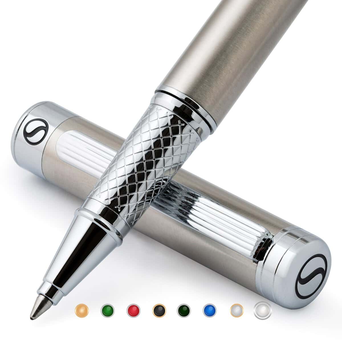 Scriveiner Rollerball pen in Acciaio Inox - Splendida penna di lusso in metallo con finitura cromata argento, ricarica Schmidt, miglior set regalo di penna roller per uomini e donne