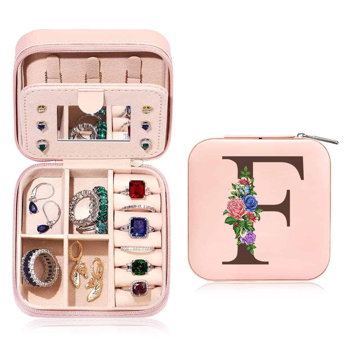 Tarklanda Portagioie Iniziali Personalizzato Piccoli Portagioie con Nome F e Fiore Scatola Portagioie da Viaggio Mini Portagioie con Specchio Donne Ragazze Regalo per Natale Compleanno