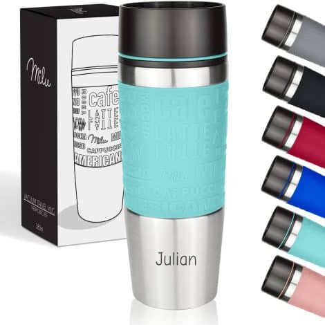 Tazza da viaggio Milu 380ml con incisione, regalo personalizzato per compleanni e Natale, turchese.