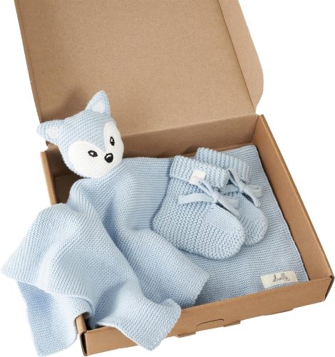 Peluche Volpe coi calzini (celeste) – Cotone biologico puro – Coperta di qualità superiore, coccola, maglia – Morbidissima e traspirante.