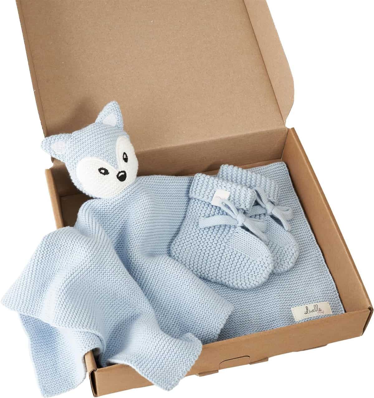 Doudou Volpe con calzini (celeste) - Puro cotone biologico - Copertina premium, copertina coccole, coperta a maglia - Morbidissima e traspirante