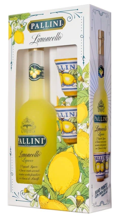 Set regalo Limoncello Pallini – con 500 ml e 2 tazzine dipinte a mano da Deruta: infuso con il pregiato limone Costa D’Amalfi, raccolto a mano a Vietri sul Mare, Amalfi. Senza glutine, pesticidi, OGM. 26% di alcol.