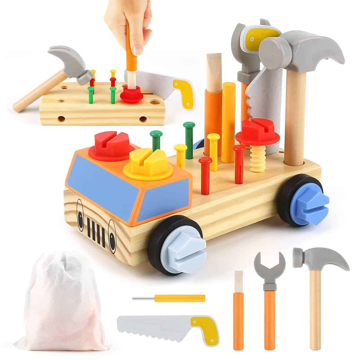 DINORUN Attrezzi Giocattolo Bambini Giochi in Legno Montessori, Camion con Custodia, Regalo 3 4 5 Anni