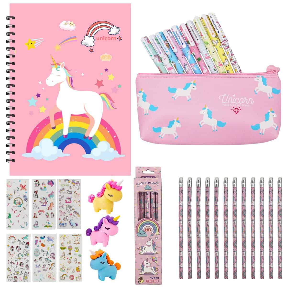 33pcs Cancelleria per Unicorno, Set Regalo Ragazza Unicorno, Unicorno Regalo Bambina, Unicorno Penne e Matite e Borsa di Cartoleria e Astuccio e Unicorno Taccuino e Set Adesivo Unicorno