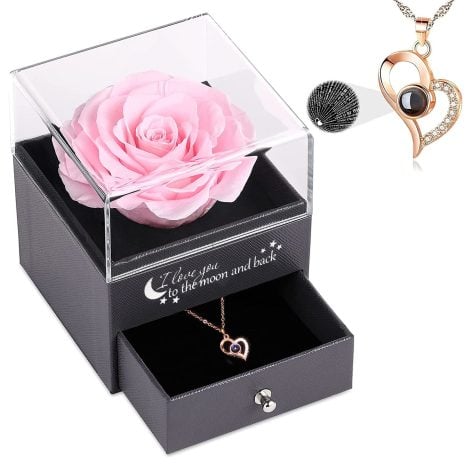 Rose stabilizzate con collana Ti Amo 100 lingue, ideale come regalo per donne, compleanni, anniversari e San Valentino.