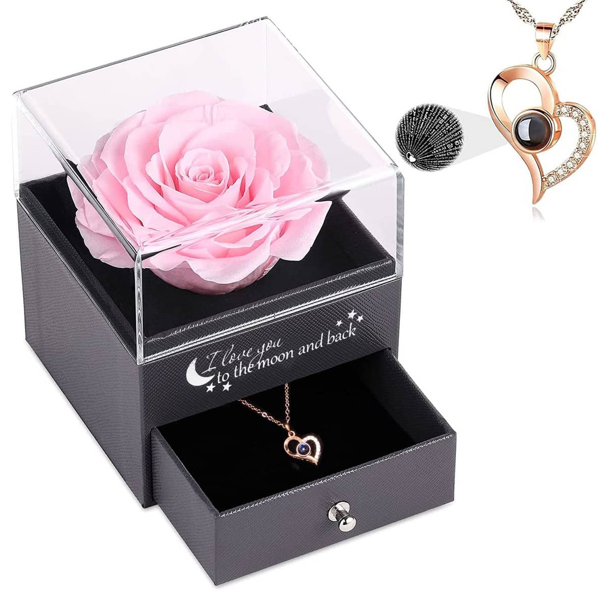 Rose Stabilizzate Vera Idee Regalo Donna -Rosa Eterna Fatta a Mano con Collana Ti Amo 100 Lingue Scatola Regalo Compleanno Anniversario San Valentine Regalo per Donna Mamma Fidanzata Moglie (2-Rosa)
