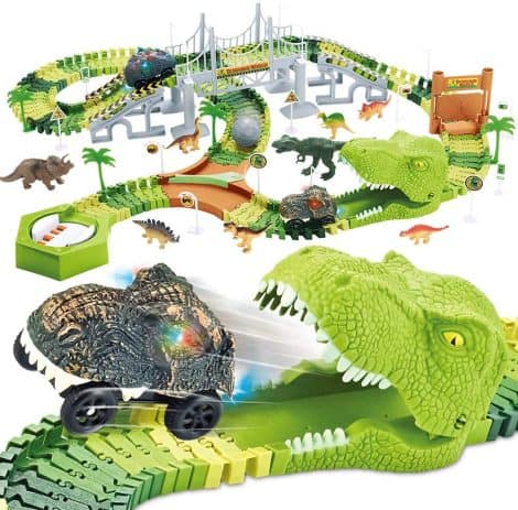 Set di gioco mini Tudou con pista dinosauro, binari flessibili, 8 figure dinosauri, 2 auto elettriche con luci. Perfetto per regalare ai piccoli.