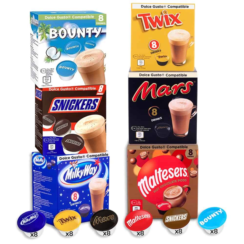 Bevande al cioccolato compatibili con Dolce gusto, 48 capsule di cioccolata calda Mars, Twix, Milkyway, Snickers, Bounty e Malteser