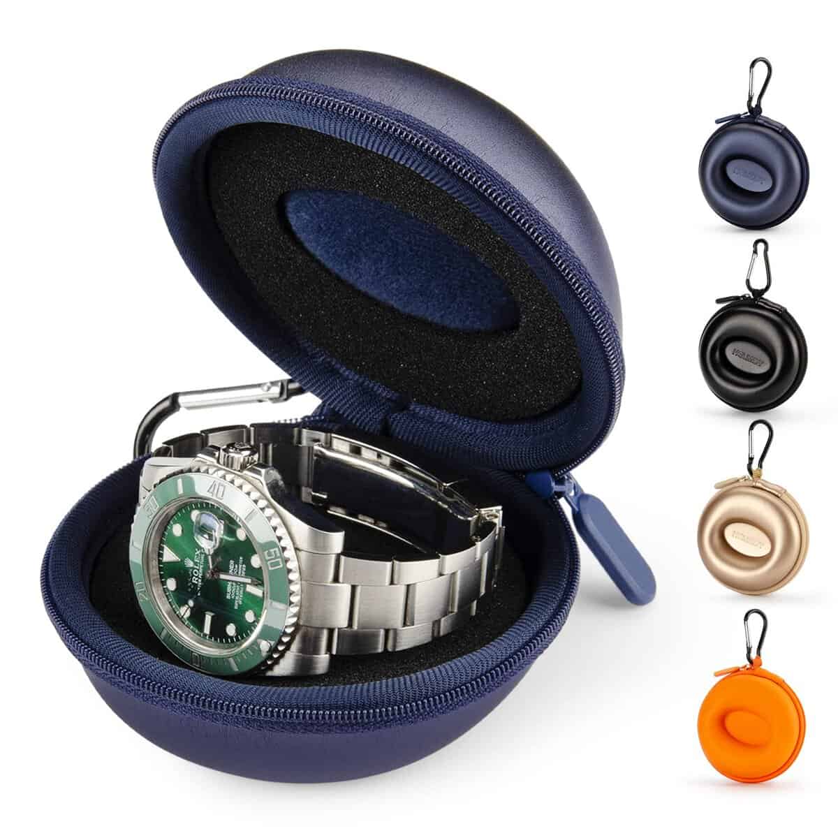 HELMDY Custodia Orologio Singolo, Custodia da Viaggio per Orologio Singolo, Rotonda Scatola Portatile per Orologio con Cerniera, Con Moschettone e Spugna, per Orologi Intelligenti Fino a 50 mm (Blu)