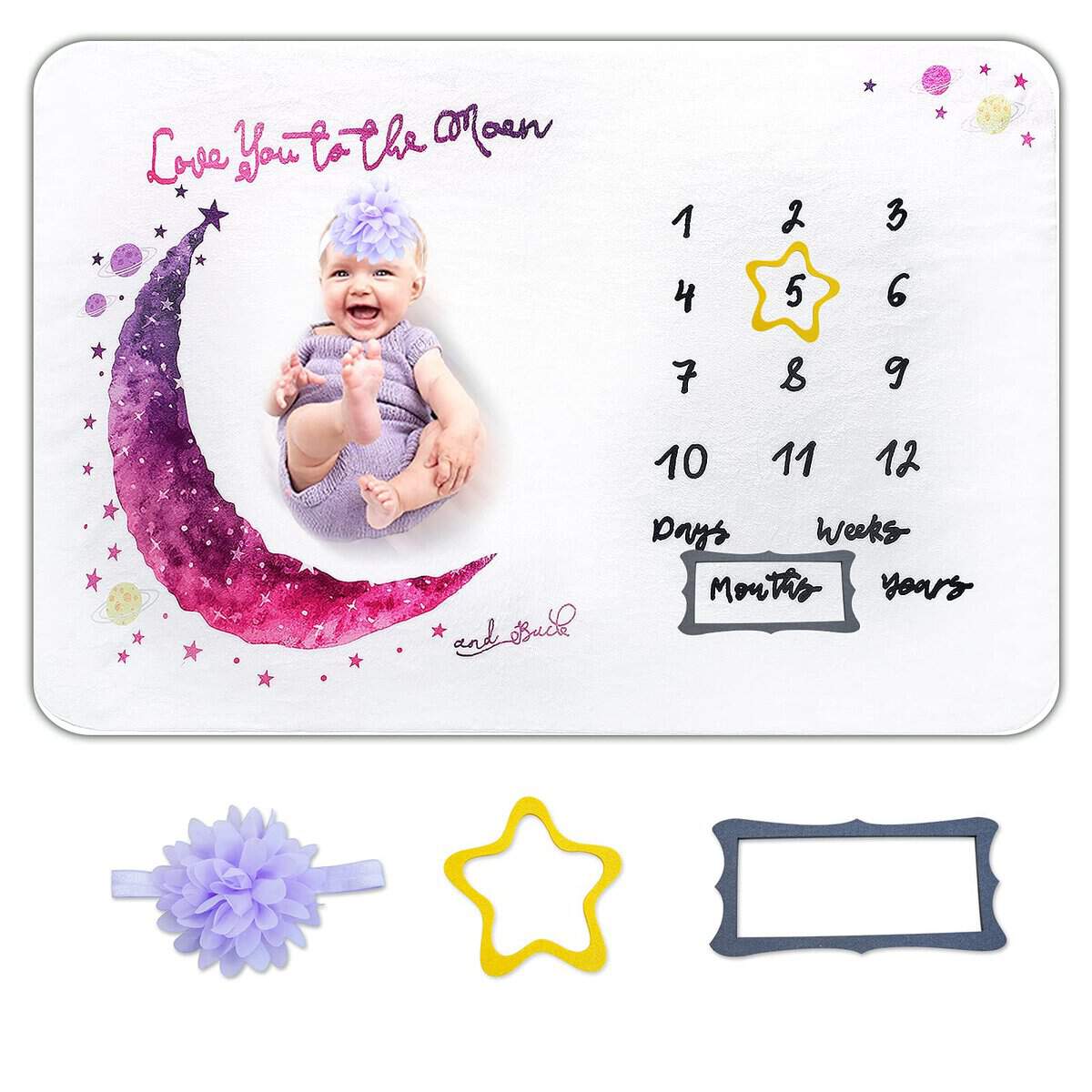 Miracle Baby Coperta Bambino Mensile Milestone Flanella,150 * 100cm,Coperta Mesi Bambino Con Immagini,Regalo Personalizzato Per Neomamme,Morbida, Spessa, Grande(Luna)