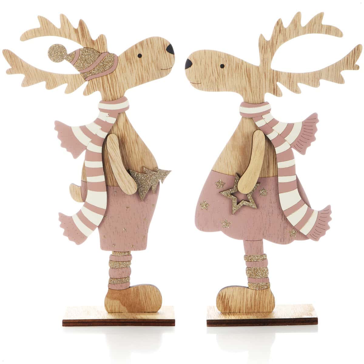 com-four® 2X Espositori Decorativi per Natale - Renne in Legno da posare - espositori Natalizi da Decorare e Regalare (Renna XXL - Rosa + Oro)